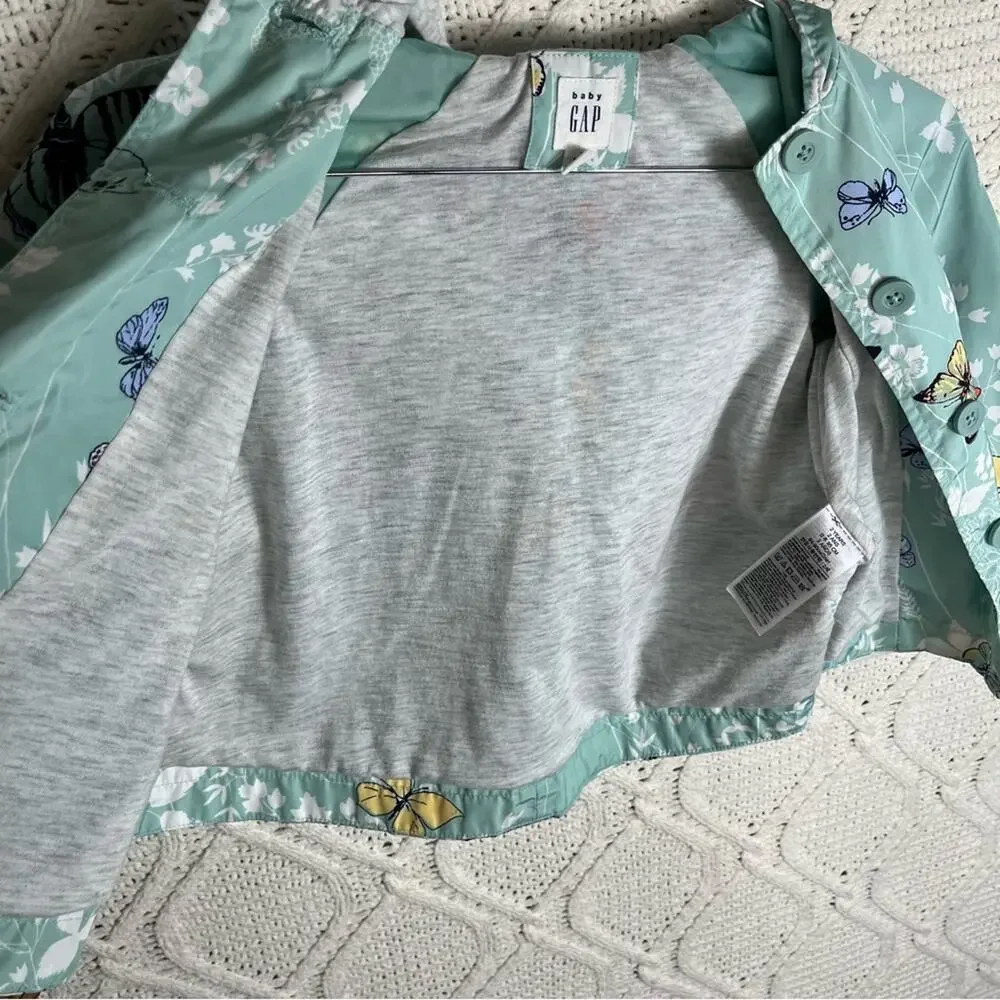 BABY GAP | Girl's Jacket Butterfly Print Raincoat With Hood Mint Green 24 Months